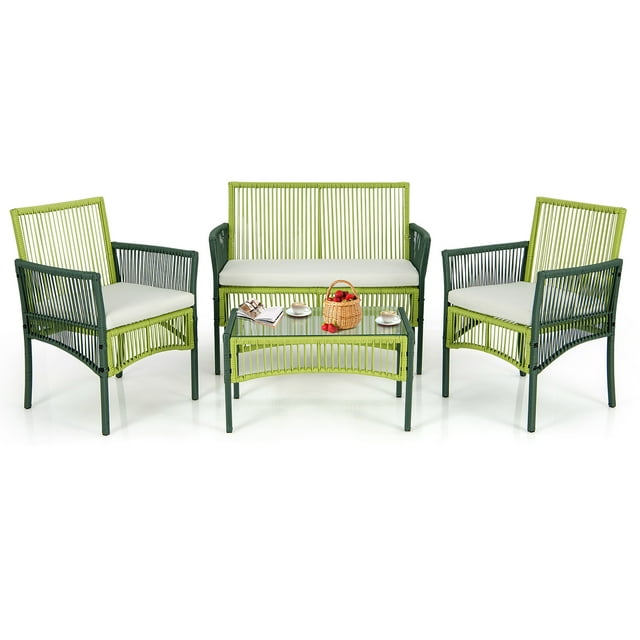 Gymax Ensemble de Conversation en Osier Rond 4 Pcs avec Coussins Table d'Appoint en Verre Trempé Patio