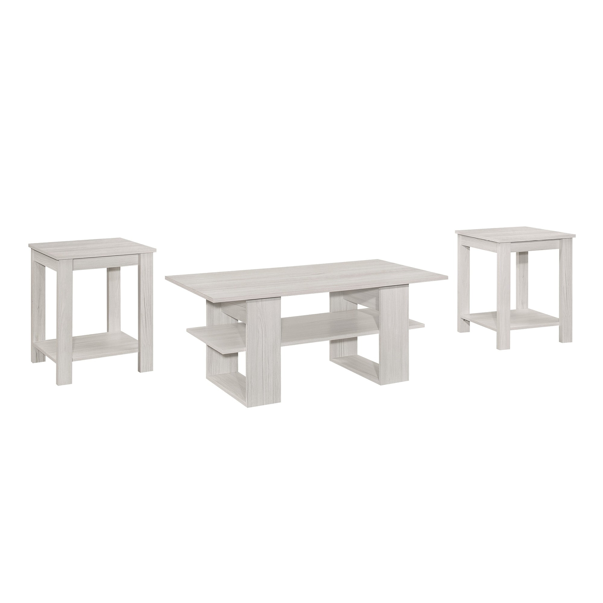 Home Design Beverly 3-Piece Coffee Table Set with 1 Rectangular Coffee Table and 2 Square End Tables, Each with Open Shelf for Storage and Display, Modern Living Room Design, Brown Oak