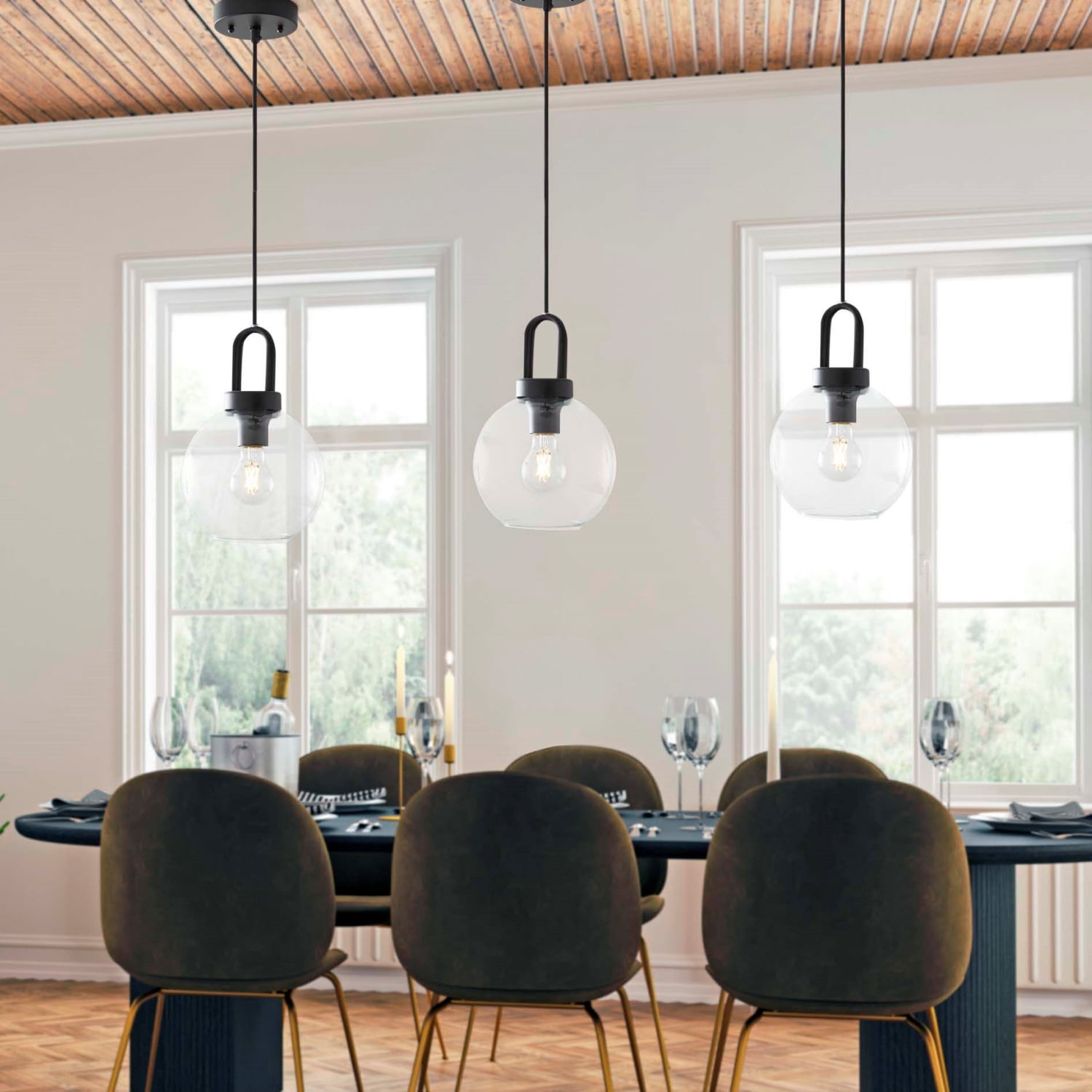 Better Homes & Gardens 59” Black Pendant Ceiling Light, Metal Base Glass Shade, LED Bulb Included CA