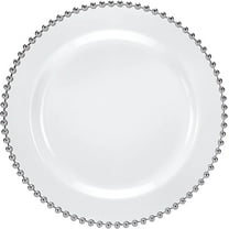 10.25 Inch Silver Beaded White Round Dinner Plate – Elegant Disposable Plastic Dinner Plate for Weddings, Parties, Catering, and Buffets – Durable & Reusable Tableware Food-Safe BPA-Free Design (50)