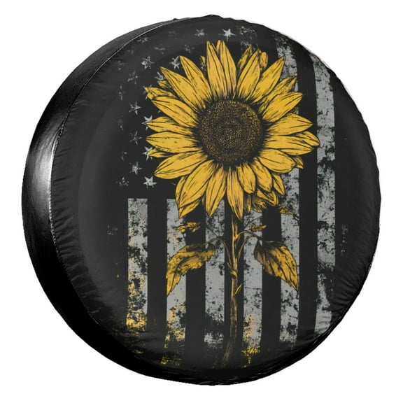 KAKALAD Distressed American Flag Sunflower Spare Tire Cover Wheel Protectors Weatherproof Universal Vehicle Dust-Proof for Trailer Rv SUV Truck Camper Travel Trailer Accessories 14 ” Inch