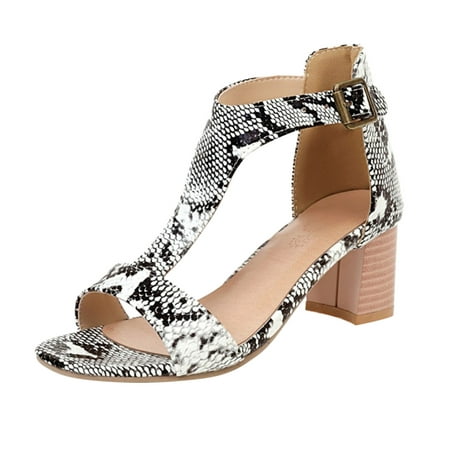 

SEMIMAY Ladies Fashion Snakeskin Leather Open Toe T Shaped Buckle Thick High Heeled Vintage Sandals