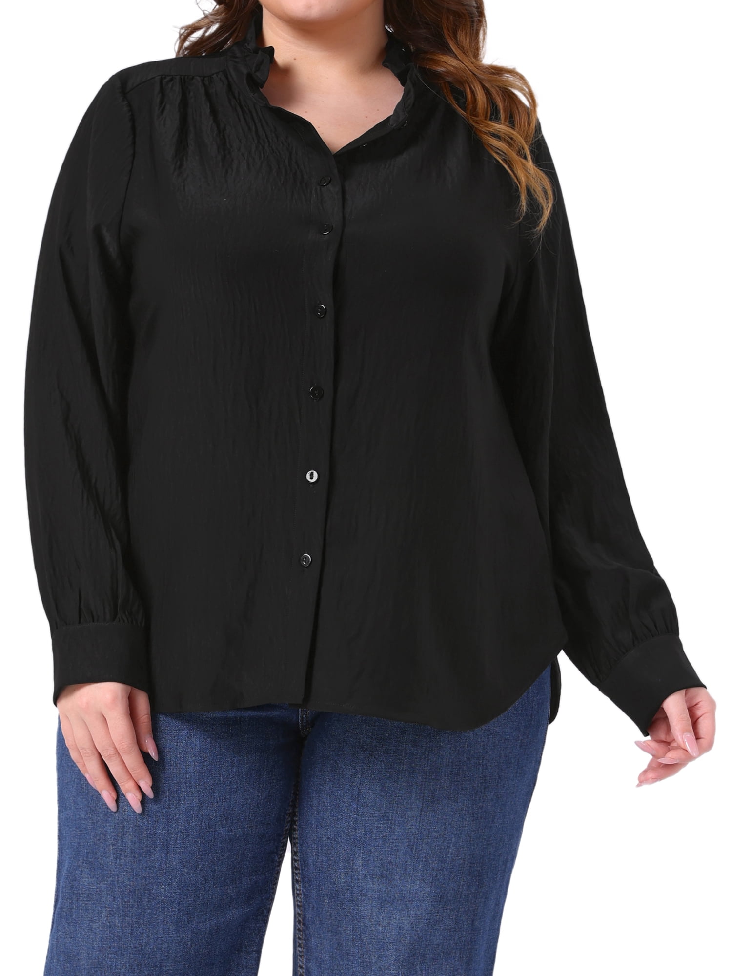 DARING DIVA Women's Plus Work Office Button Down Shirt Ruffle Stand Collar 2X Black