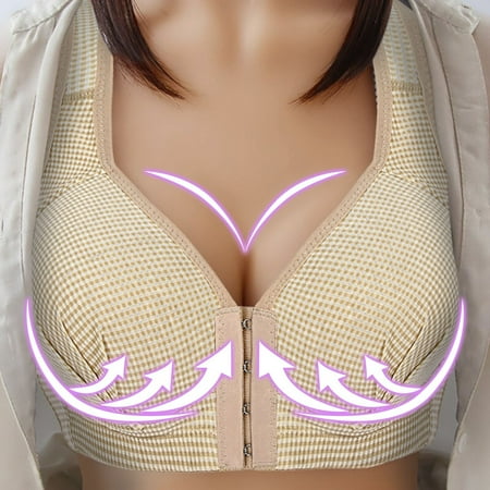 

XFLWAM Women s Front Closure Posture Bra Wireless Back Support Full Coverage Plaid Unlined Bra Beige XL