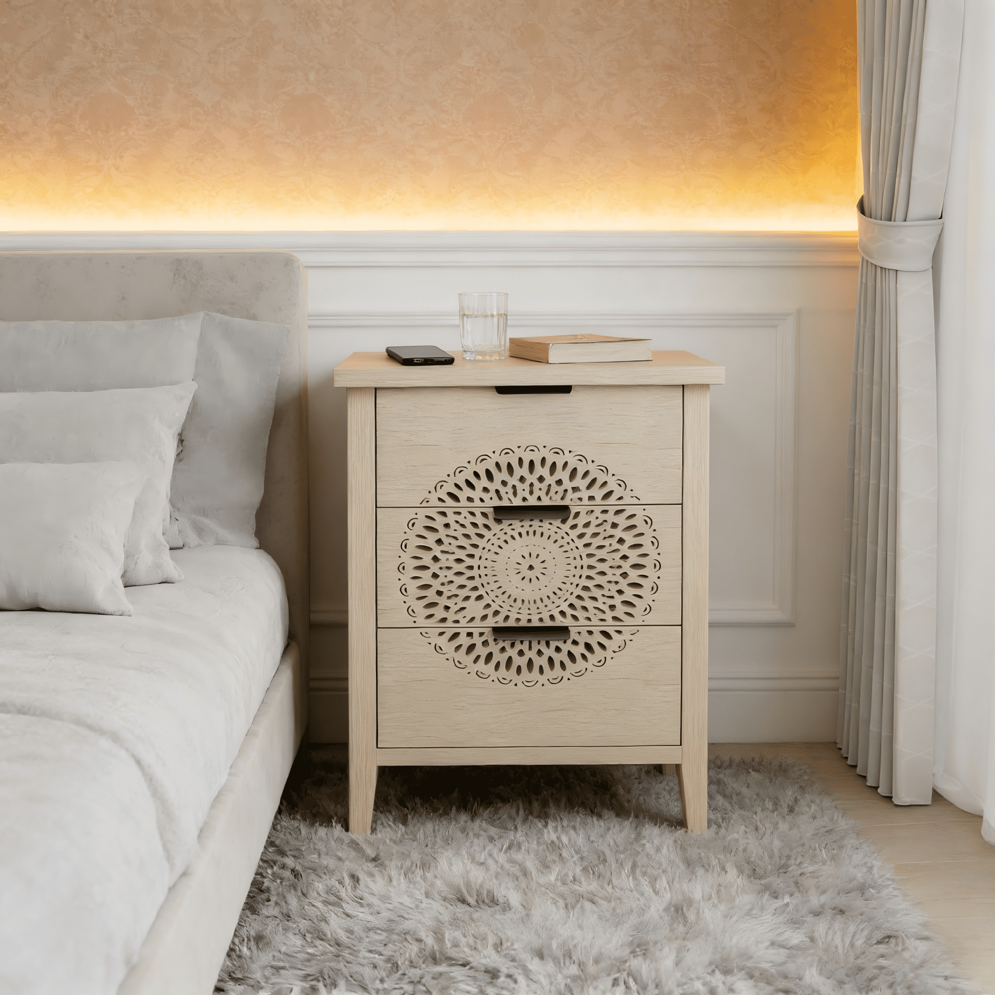 Gewnee Hollow-Carved 3-Drawer Storage Dresser Chest with Metal Handles, Modern Accent Furniture for Living Room & Bedroom