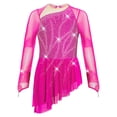 thumbnail image 3 of Hansber Figure Ice Skating Dress for Girls Rhinestones Mesh Long Sleeve Asymmetrical Ballet Lyrical Dance Dress Hot Pink 10, 3 of 4
