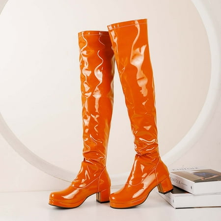 

Zunfeo Women Knight Boots- Fashion Middle Over-the-Knee Boots Multicolor Chunky Heel Round-Toe Boots Orange 6