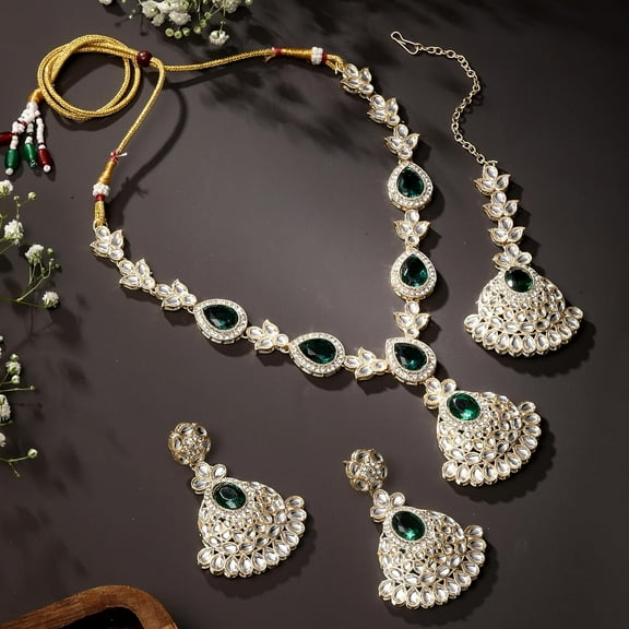 Parshwa Creations Women's Indian Gold Plated Jewelry Set, Bollywood Style Necklace Earrings Rhinestone Kundan Jewelry, Jewelry Set For Party, Wedding, Engagement & Festive Occasions
