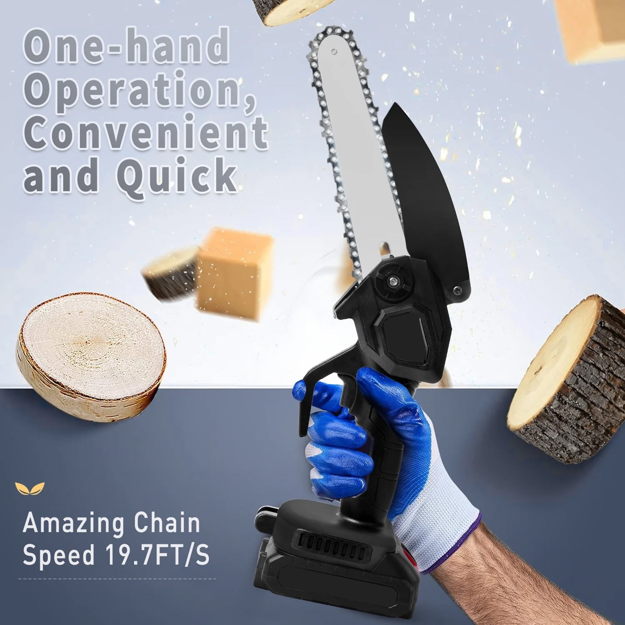 Cordless Chainsaw, HDJ Mini Chiansaw with 6 inch / 8 inch Chians, Portable Handheld Electric Chainsaw for Household & Garden
