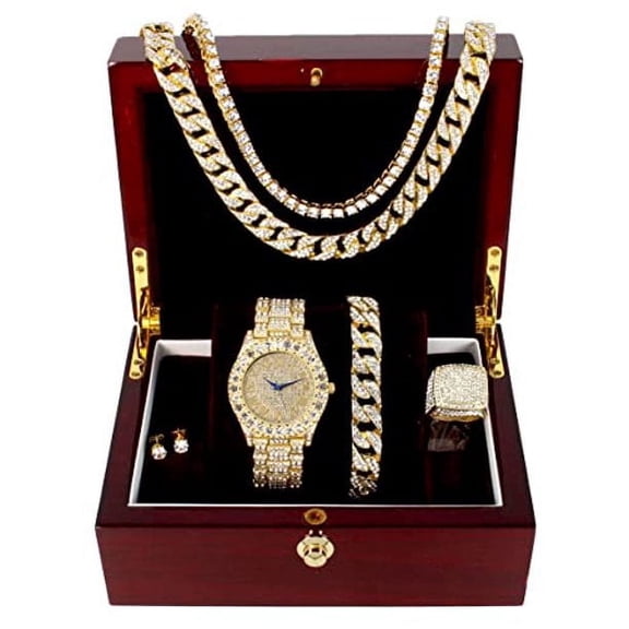 Charles Raymond Gold Dial Iced Watch, Cuban Chain, Bracelet, Necklace & Ring Set for Men