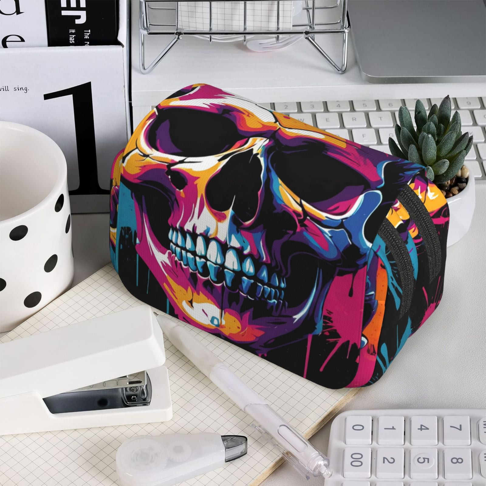 Rateoe Colorful Skull Pattern Double Clamshell Pen Case, Storage Organizer with Two Zipper Compartments– Holds Up to 50 Pencils & Pens