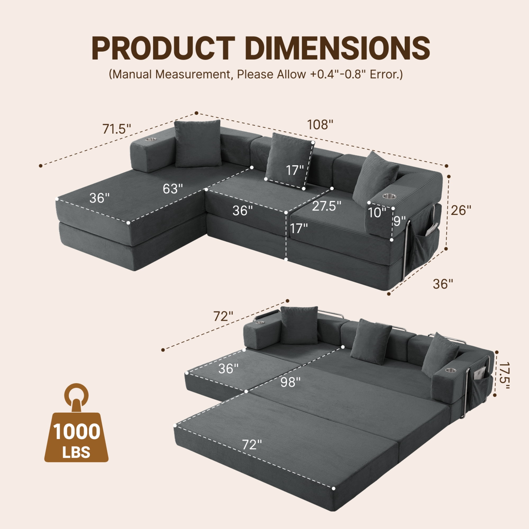 Leumius 108" Modular Sectional Sofa with L-Shape Chaise, Boneless Cloud Couch with Deep Seat for Living Room, Bedroom Gray