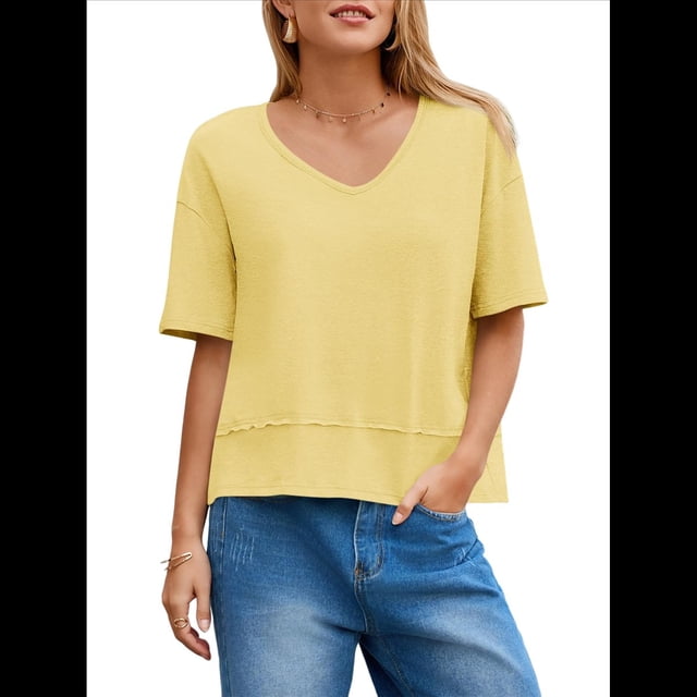 Camisetas de Verano con Cuello en V para Mujer, Blusas Casuales de Corta, Holgadas y Básicas. Amarillo XXL