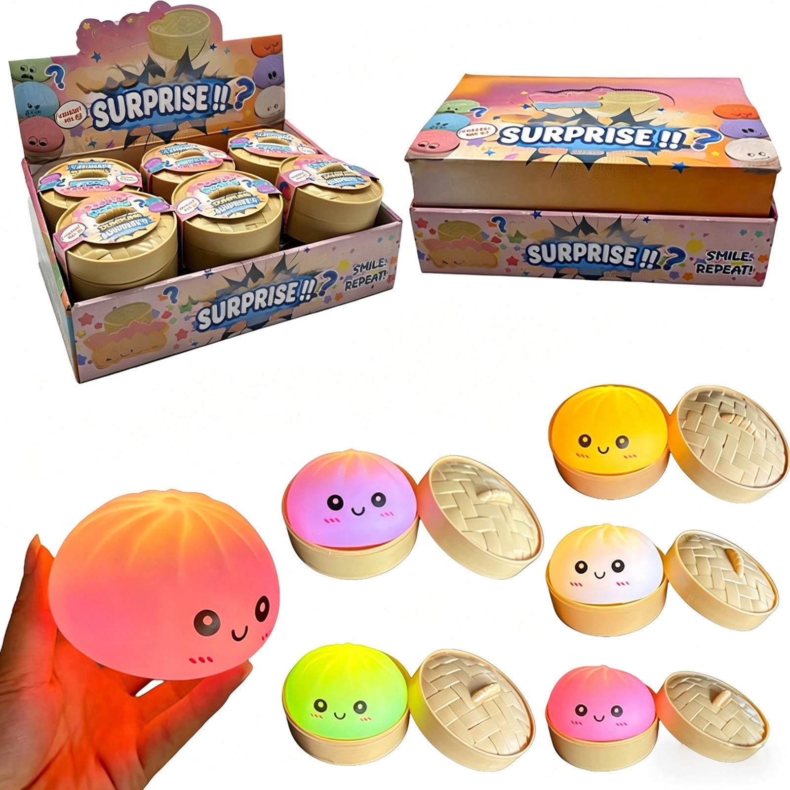 12 Pcs Glowing Cute Dumpling Stress Ball Set, Mystery Decompression Illuminated Bun with Steamed Box, Slow Rising Squeeze Ball for Anxiety Tension Relief, Fidget Sensory T-oy