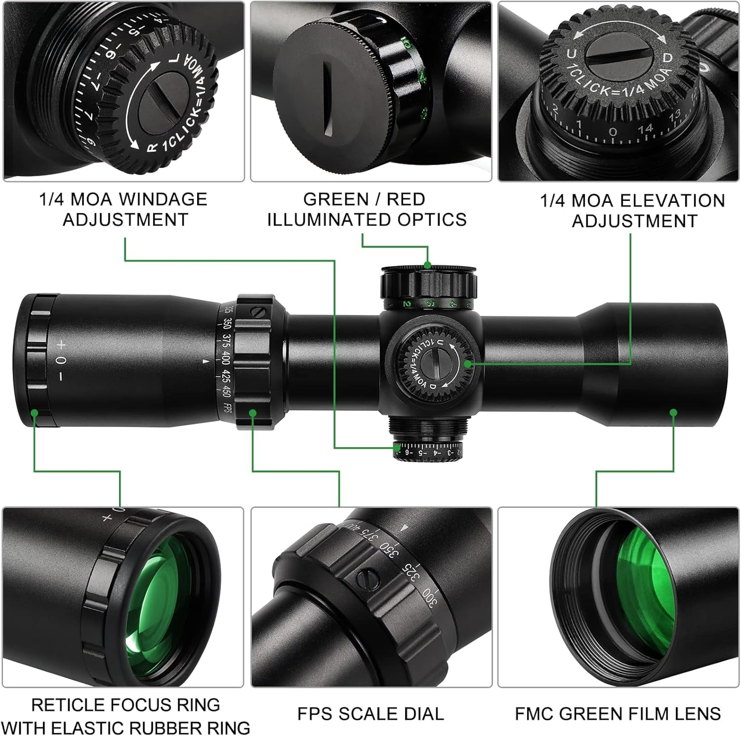Professional Crossbow Scope, 300-450FPS(1.5-5x32), 20-100 Yards High Brightness and high Definition Red and Green Etched Glass Reticle, Free 20mm mounts