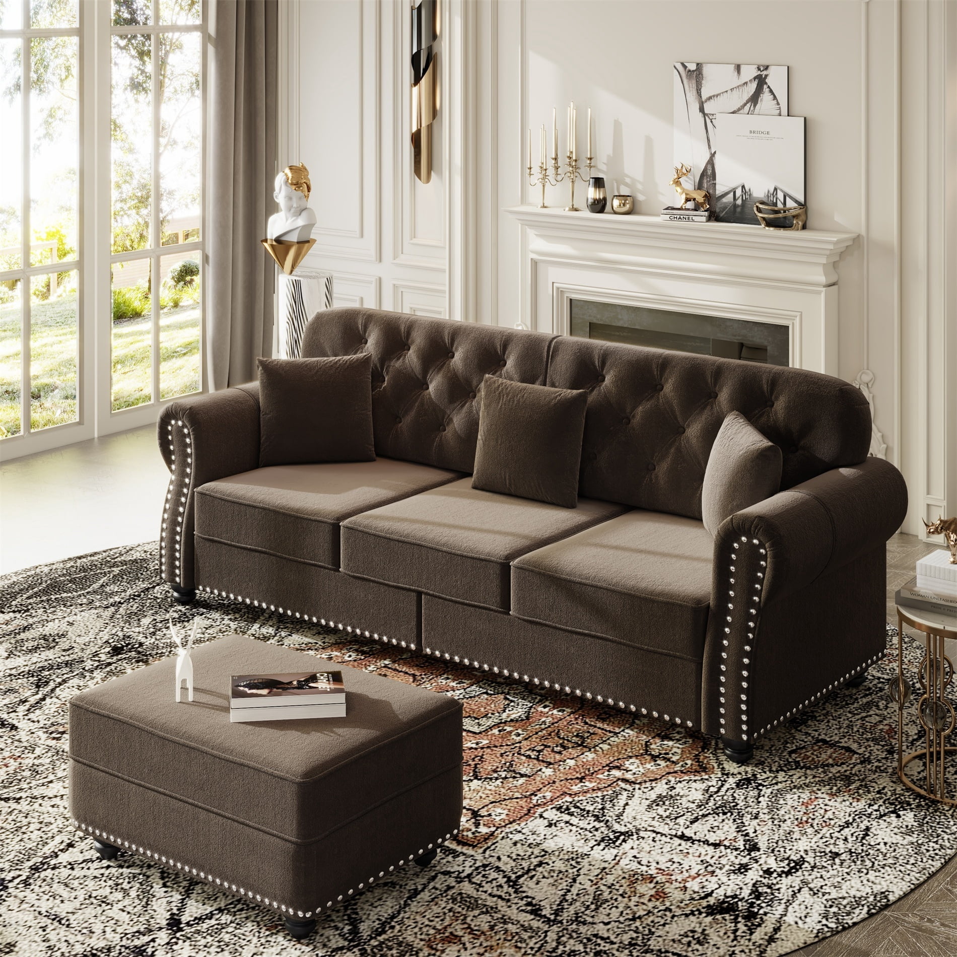 Alvantor 83" Cloud sofa with Ottman, Upholstered Velvet Couch with Nailhead Trim and Rolled Armrests, Mid-Century Modern Sofa for Living Room Brown