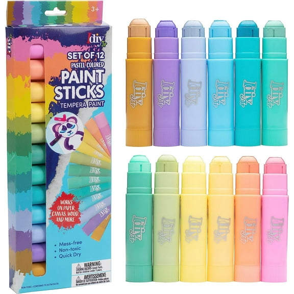 Idiy Tempera Paint Sticks (12 pack Pastel Colors)-For All Classroom School Supplies Arts & Crafts Projects, Draw & Paint on Wood, Paper, Ceramic, Canvas! Quick Dry, Non-Toxic, Mess Free