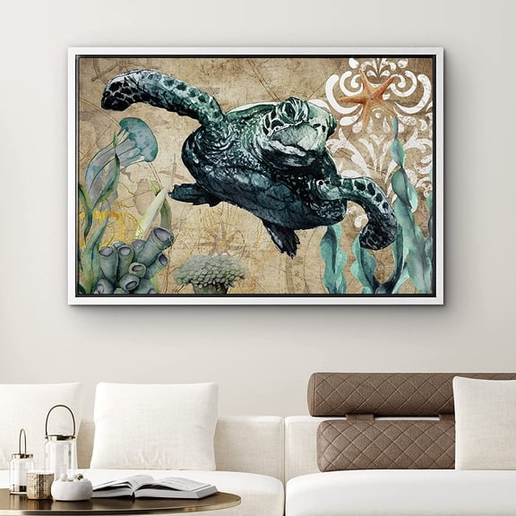 PixonSign Framed Canvas Print Wall Art Green Turtle Swims Into View Animals Ocean Illustrations Modern Art Beach Relax/Calm Multicolor Ultra for Living Room, Bedroom, Office - 24"x36" White