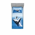 thumbnail image 1 of Animal Bedding Set with Sheet & Covers, Jumping Dolphin and Surfer Sea Animal Fish Summer Sports Shore Cityscape Background, Printed Bedroom Decor 2 Shams, 4 Sizes, Blue White, by Ambesonne, 1 of 3