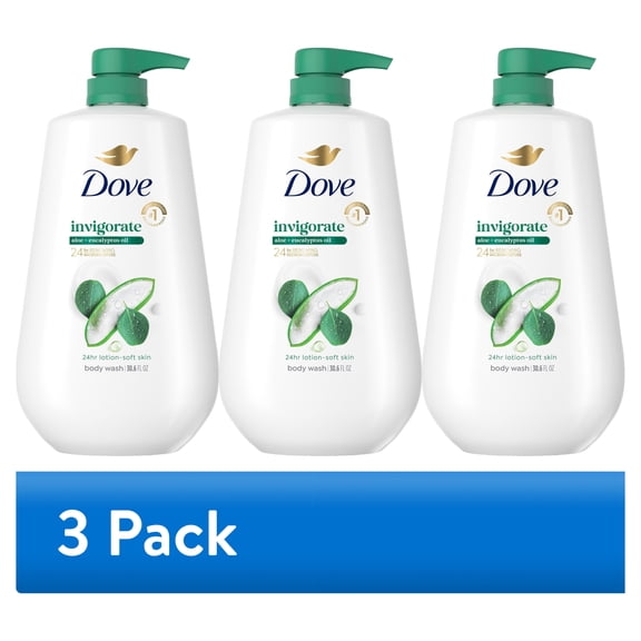 (3 pack) Dove Body Wash with Pump For 24hr Lotion-Soft Skin Invigorate Aloe & Eucalyptus Moisturizing Skin Cleanser with No Sulfates No Parabens ,30.6 fl oz