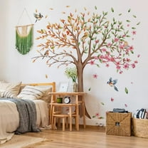 3 Sheets Large Tree Wall Decals Stickers Removable Floral Murals Peel and Stick Colorful Tree of Life Art Vinyl Living Room Decor with Flowers & Birds for Classroom Girls Bedroom Kids Nursery Office