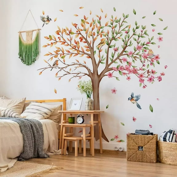 3 Sheets Large Tree Wall Decals Stickers Removable Floral Murals Peel and Stick Colorful Tree of Life Art Vinyl Living Room Decor with Flowers & Birds for Classroom Girls Bedroom Kids Nursery Office