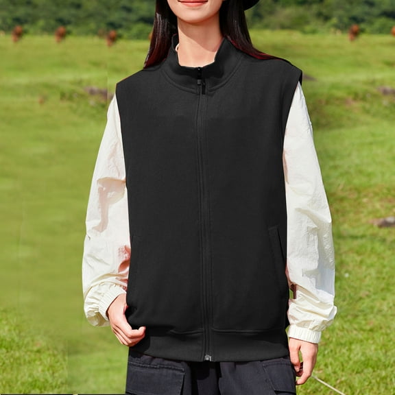 Fanxing Women's Polar Fleece Vest, Stand Collar Sleeveless Sherpa Jacket Lightweight Zip Up Travel Warm Gilet Black 2XL