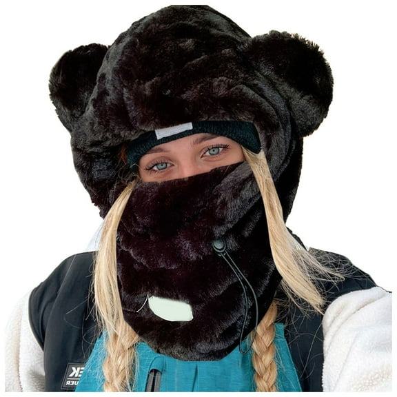 Bibifish Womens Balaclava Hats Beige Bear Pattern Fuzzy Plush Hoodies Neck Warmers Soft Warm Comfy Winter Trendy Cute Balaclava Hats