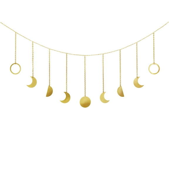 Holzlrgus Moon Phase Wall Hanging Boho Aesthetic Room Decor Metal Moons Garland Hanging Art Bohemian Home Decoration for Girls Room Nursery Bedroom Livingroom Dorm, Ideal Gift, Gold, 50"