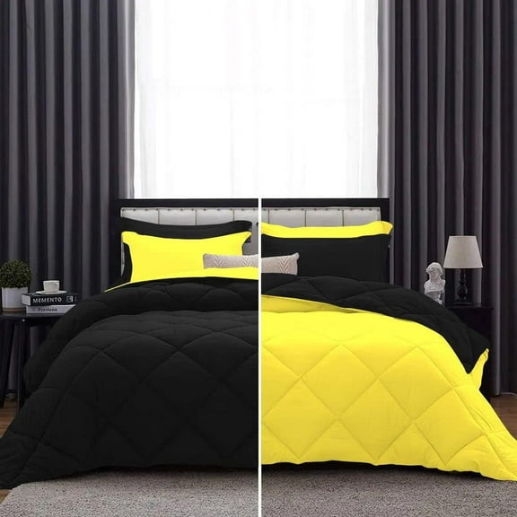 DNG Creations 5 Piece Reversible Diamond Pattern Comforter Solid - 100% Egyptian Cotton, 800 TC ( Full/ Queen - Size ) All-Season 550 GSM ( Yellow/Black Colour )