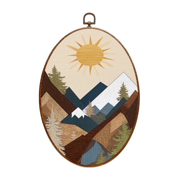 Canvas Wall Art Morden Mountains Boho Woodcut Pine Tree Forest Nature Landscape Oval Framed Canvas Prints Cottagecore Wall Hanging Decor for Home Office Gift 8.6"x11.4"