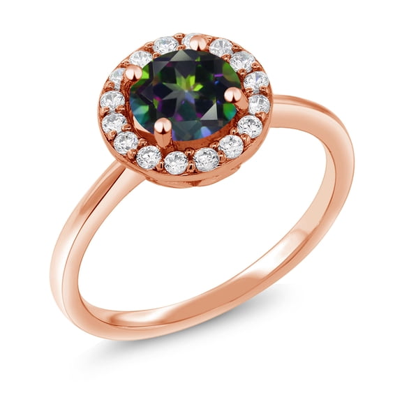 Gem Stone King 18K Rose Gold Plated Silver Engagement Ring Mystic Topaz and Moissanite (1.54 Cttw) (Size 5)