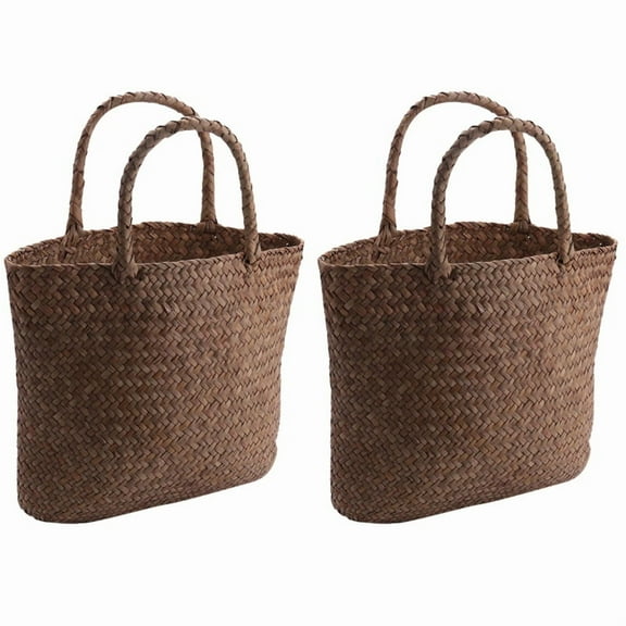2X Casual Straw Bag Natural Wicker Tote Bags Women Braided Handbag for Garden Handmade Mini Woven Rattan Bags