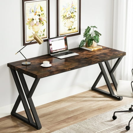 Heavy Duty Study Desk with Z-Shaped Metal Leg Modern Simple Home Office Computer Desk Rustic Brown