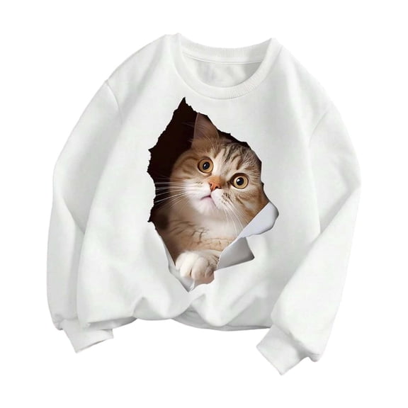 IWRICH Kids 3D Cute Cat Printed Sweatshirt Casual Long Sleeve Crewneck Loose Fit Pullover Tops 04-White 160