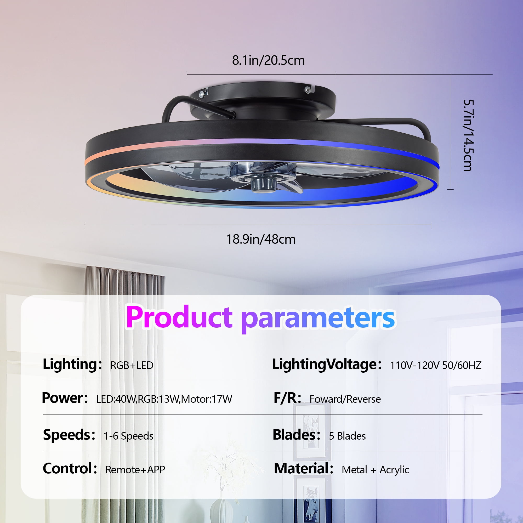 Miniyam 19" RGB Ceiling Fan with Lights and Remote Control, 6 Speed Low Profile Ceiling Fans with Lights, 3 CCTS Modern Bladeless Fandelier, Black