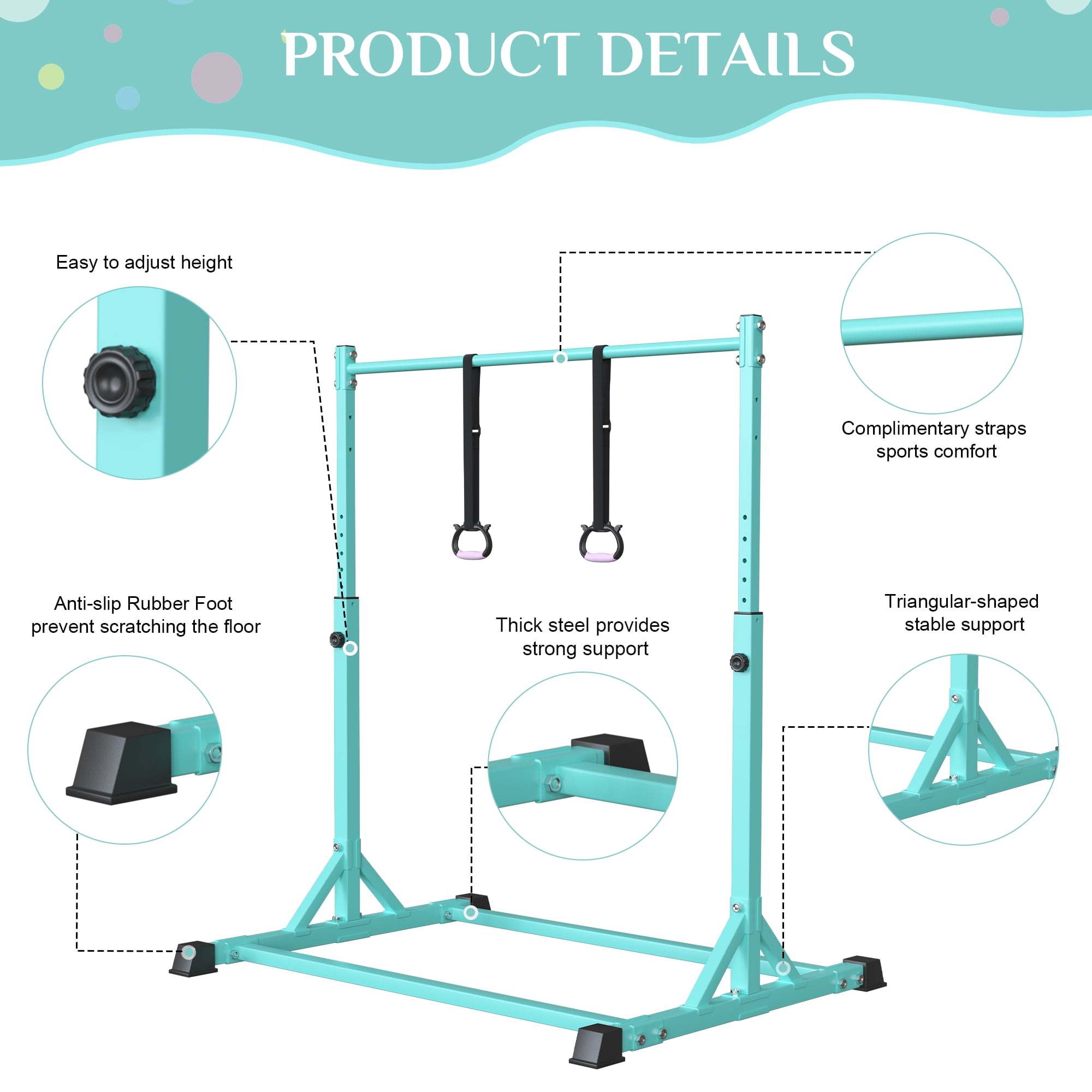 Primy 230LBS Gymnastics Bar for Kids, 39~61inches Adjustable Height Gymnastic Horizontal Bars, Stable Gymnastics Equipment Junior Training Bar for Home Using for Children