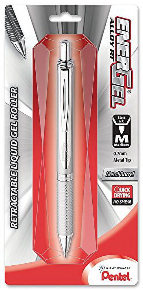 Pentel EnerGel Alloy RT Premium Liquid Gel Pen, 0.7mm Silver Barrel, Black Ink 3 Pens with 6 Refills Black Ink 0.7mm, Metal Tip