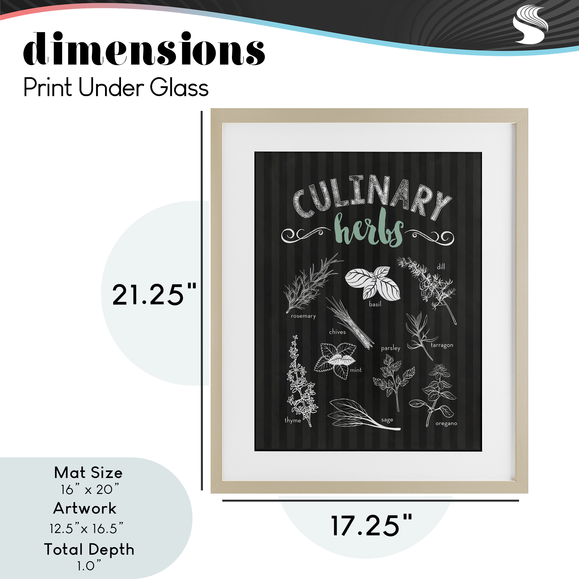 Culinary Herbs on Stripes Birch Framed Print Under Glass, design by Lettered and Lined
