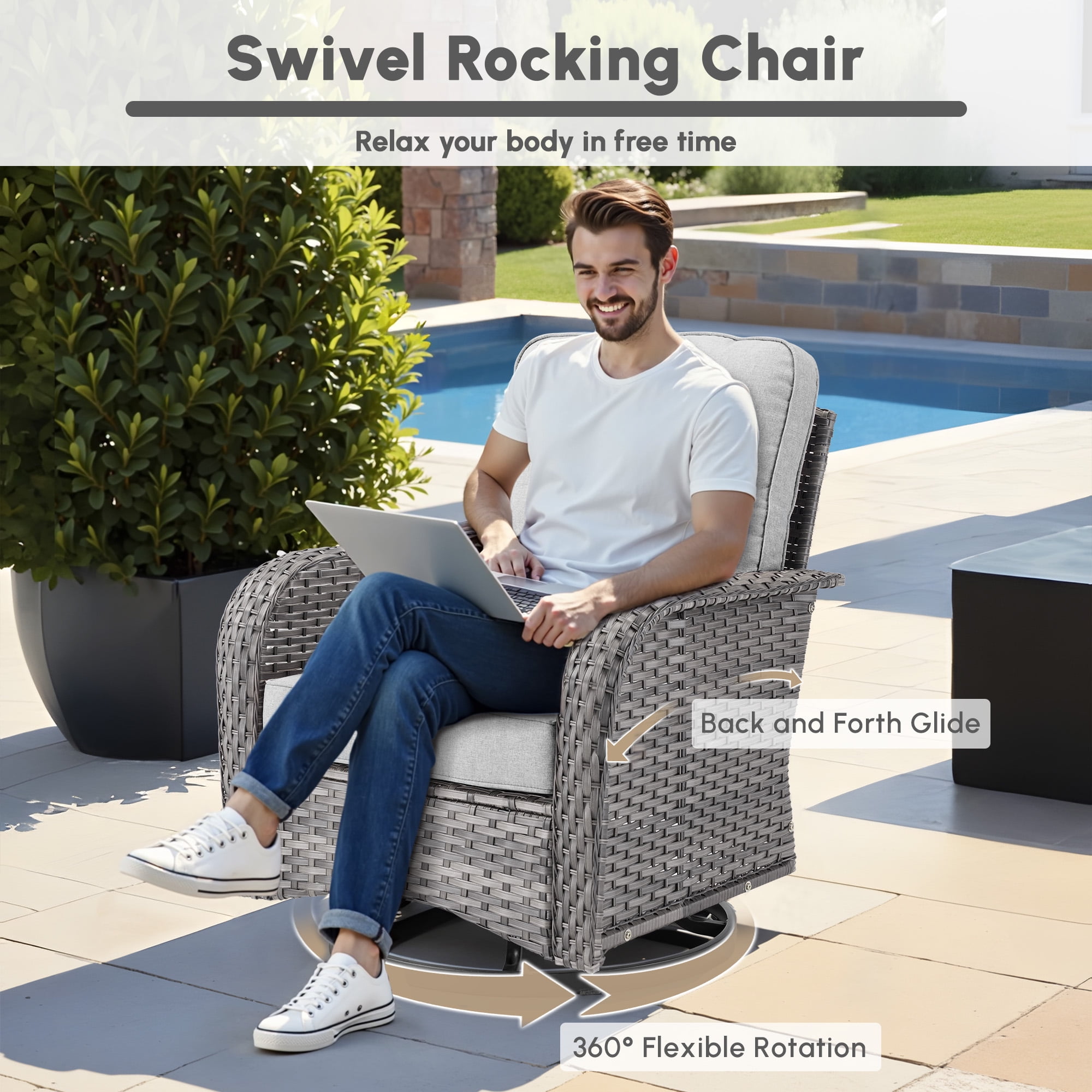 Ovios 7 Pieces Patio Furniture Set Outdoor Conversation All-Weather Rattan Sectional Sofa with Fire Pit Table & Swivel Chairs