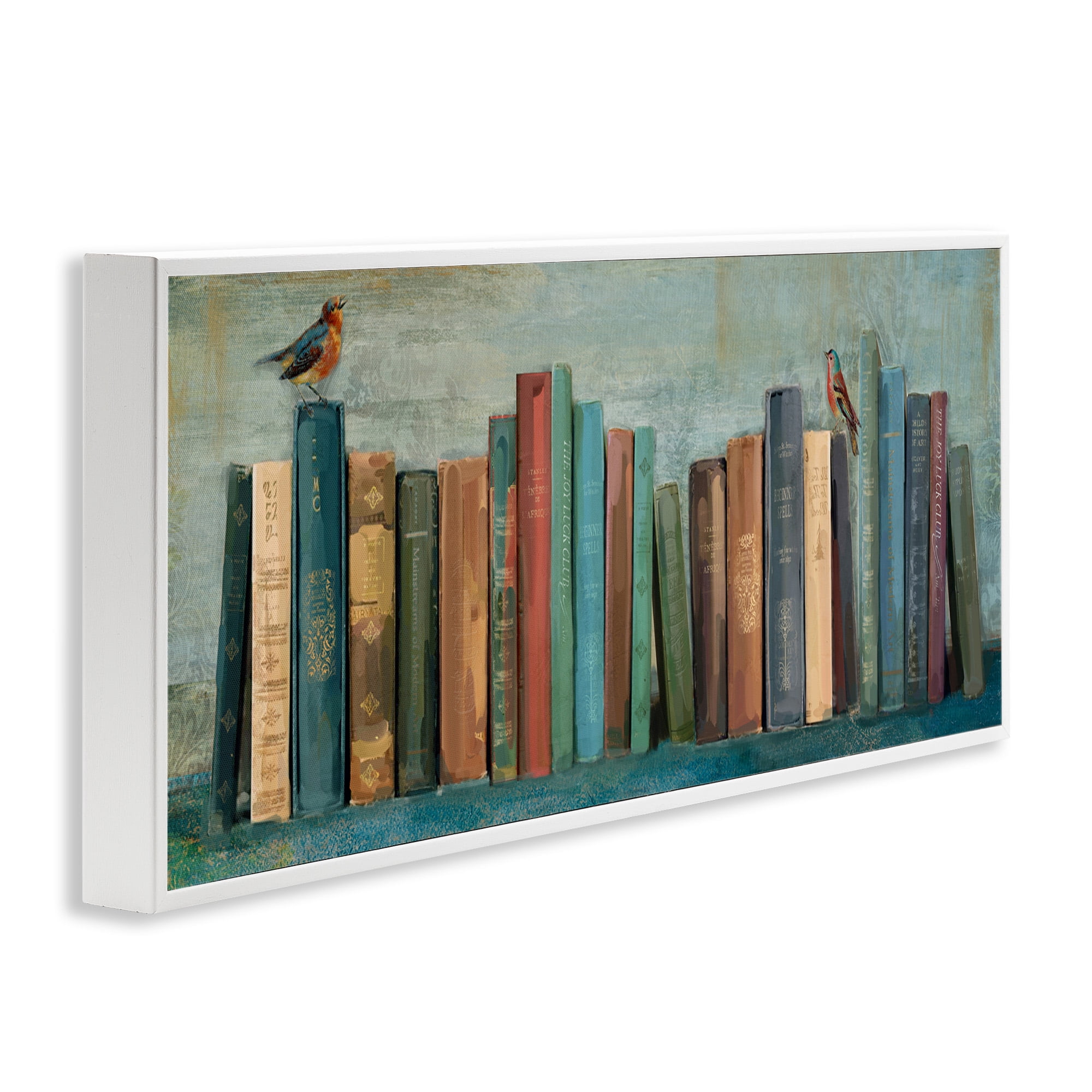 Stupell Industries Books And Birds Bookshelf Painting Animals & Insects Painting White Framed Art Print Wall Art, 30 x 13