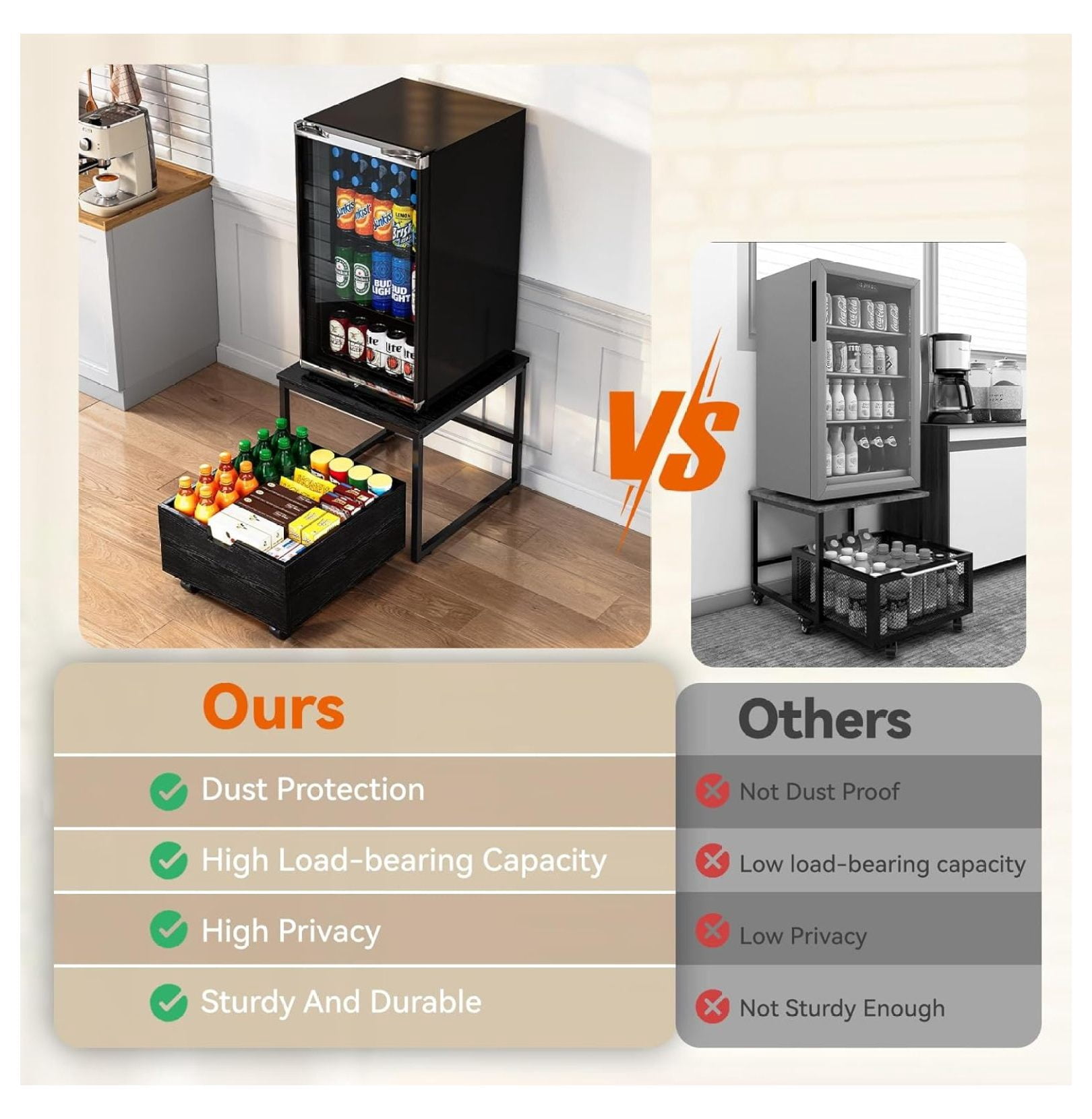 Mini Fridge Stand with Storage, Mini Fridge Stand Table Shelf with Lockable Mobile Wheel, Beverage Compact Refrigerator Stand Storage Cabinet Appliance Platform for Dorm, Apartment,Office