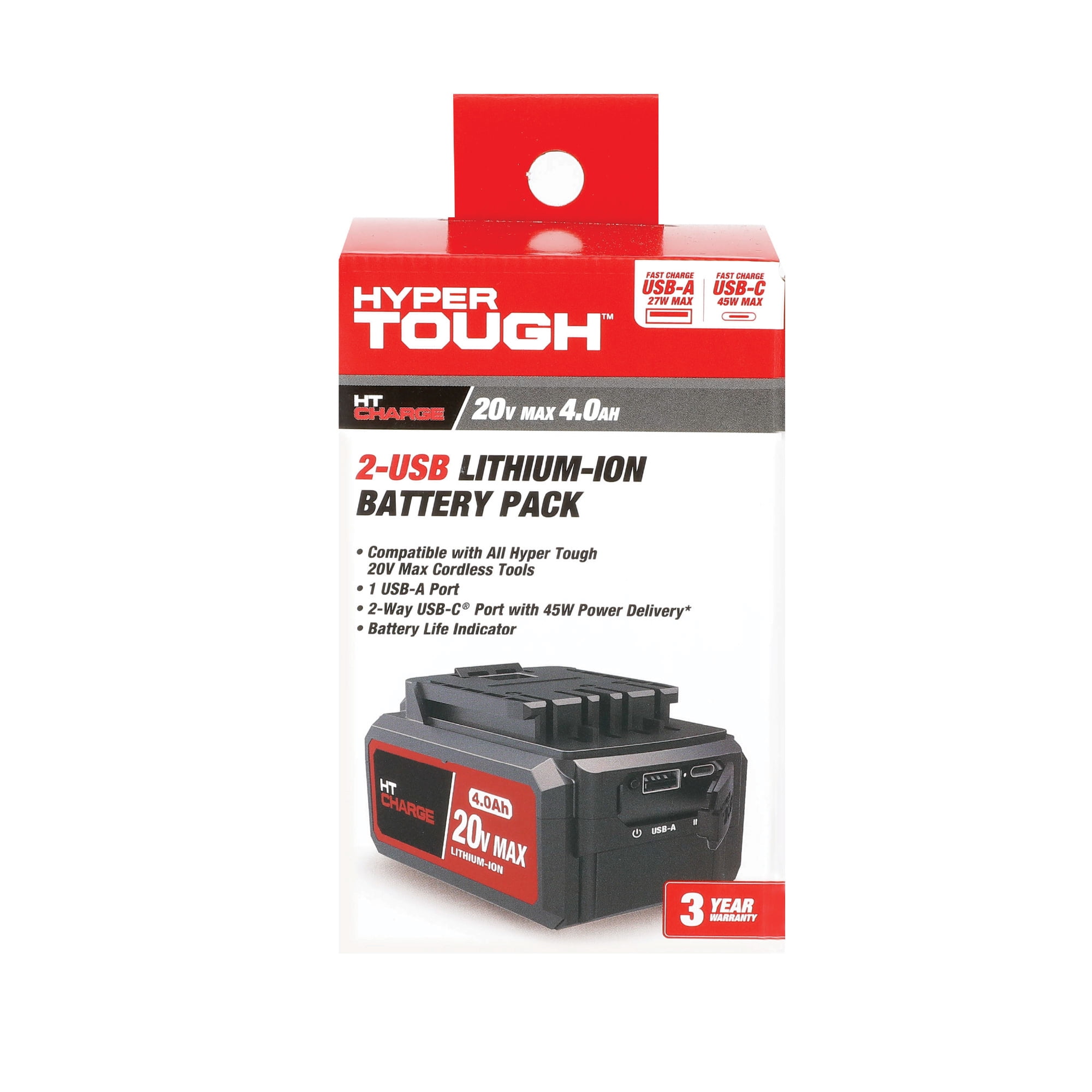 Hyper Tough 20-Volt Max Lithium-Ion 4.0Ah Battery Pack with USB-a and USB-c Ports