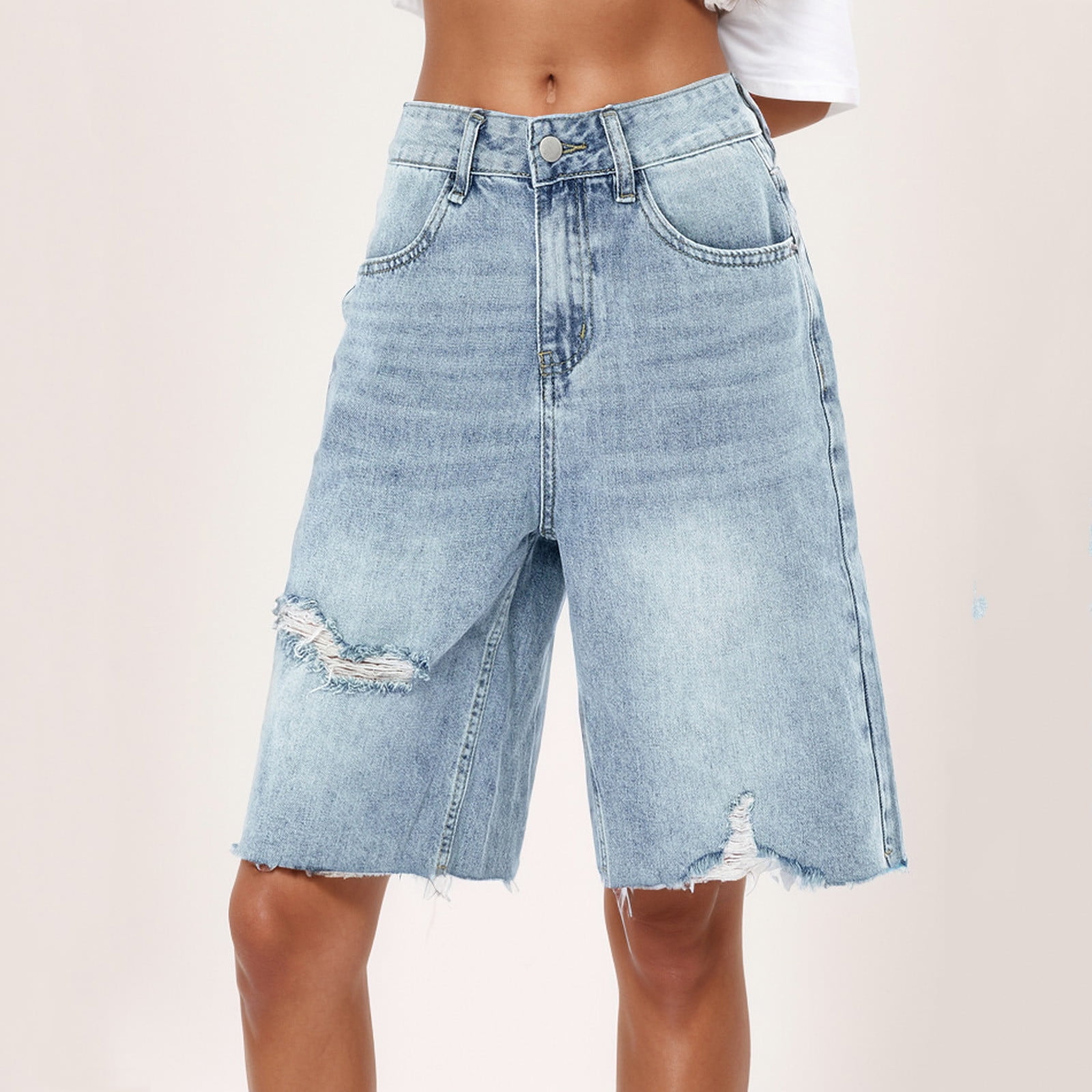 【JEMUT】25SS★ Skill Washed Bermuda Pants Denim Shorts for Women Bermuda with Pockets Mid Rise Casual