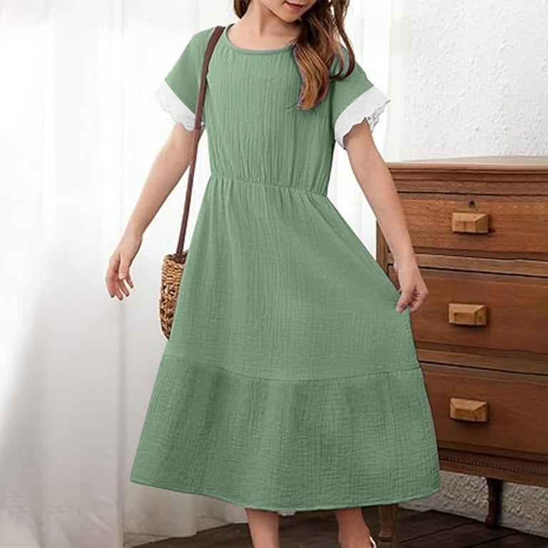 ladies dresses size 8 10 Oksale Girls Casual Dresses Size 8-10 Flowy Linen Midi Dress Summer Short  Sleeve Dresses Lightweight Ruffle Hem Dress Children Girl's Beach Vacation  Dresses