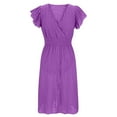 thumbnail image 4 of Summer Dresses for Women Party Outfit V Neck Ruffle Fly Sleeve Casual Eyelet Button Up Smocked Knee Length Dress (M, Purple), 4 of 7