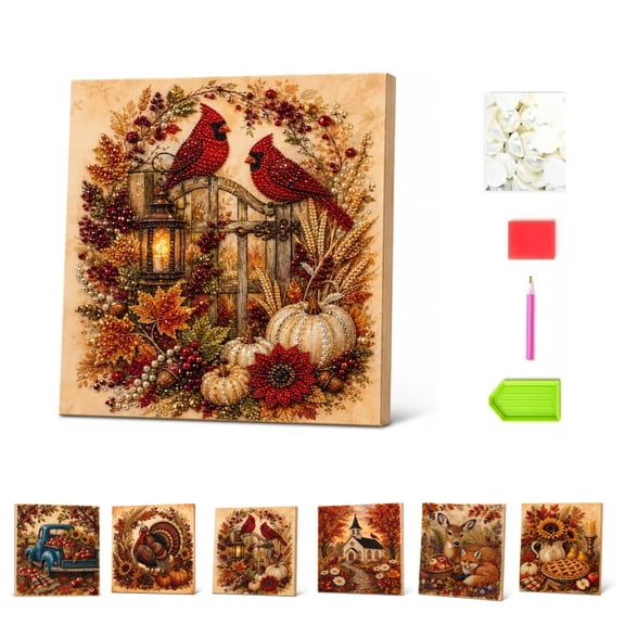 Autumn & Thanksgiving DIY Diamond Painting Kit, Harvest Pumpkin & Cardinal Wall Decor Craft Set, Seasonal Autumn Mosaic Bead Art Kit for Adults, Home and Friend Gift Decor Fall (harvest cardinals)