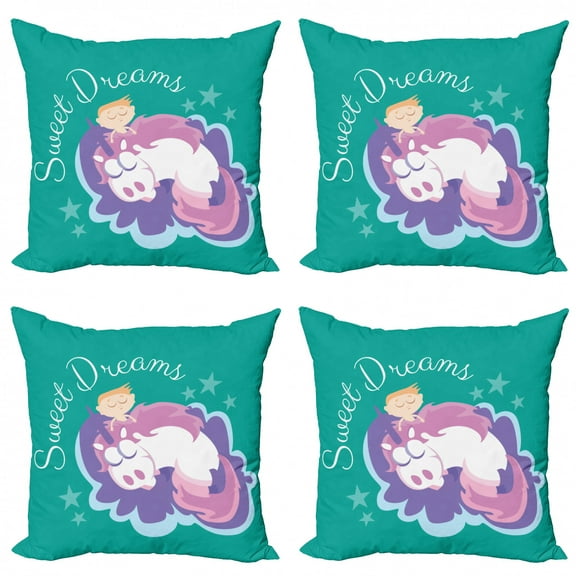 Saying Throw Pillow Cushion Case Pack of 4, Cartoon Horse with a Horn Mythical Creature Sleeping Next to a Boy, Modern Accent Double-Sided Print, 4 Sizes, Multicolor, by Ambesonne