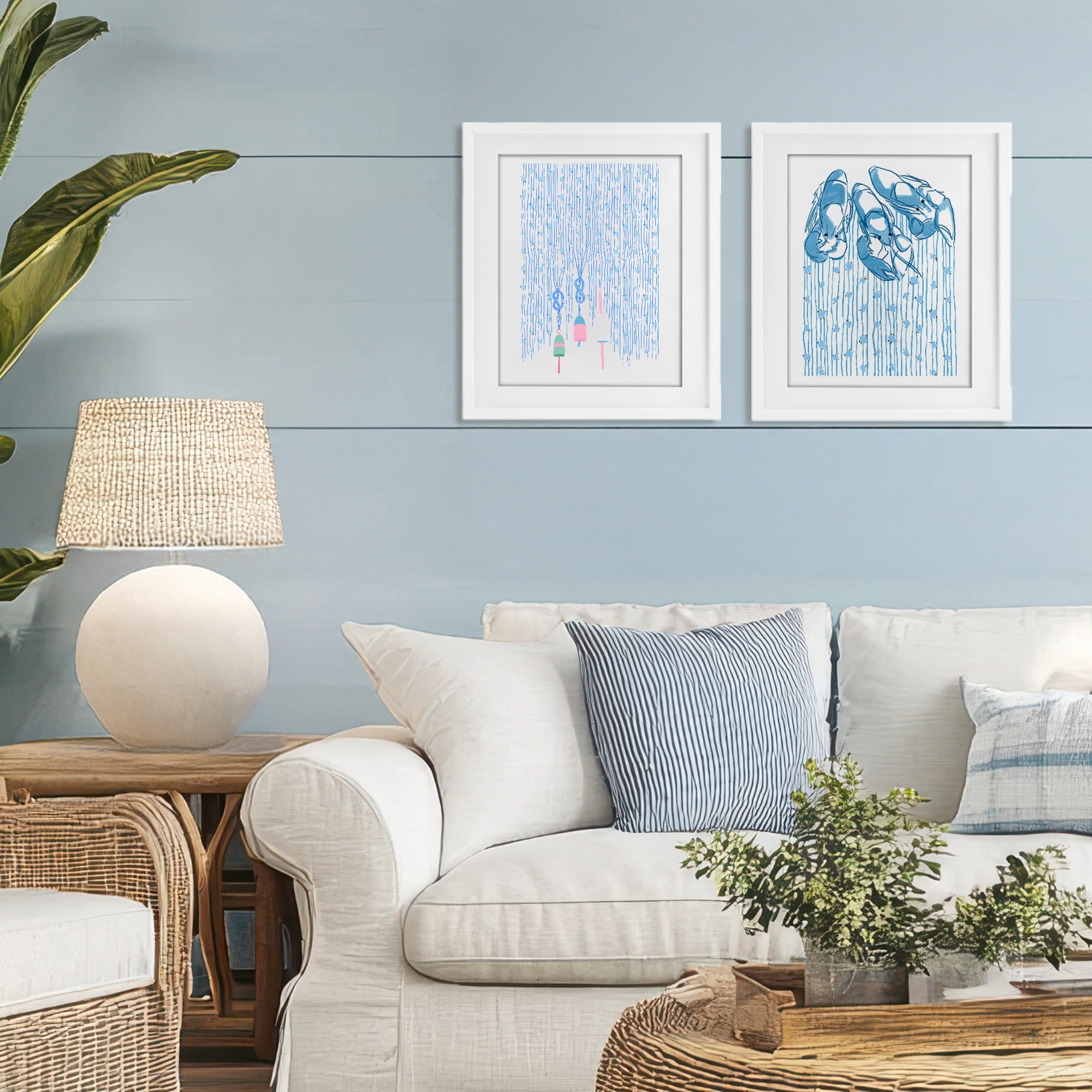 Stupell Industries Nautical Buoys & Lobsters 2 Piece White Framed Print Under Glass Set, design by Melissa Tilley