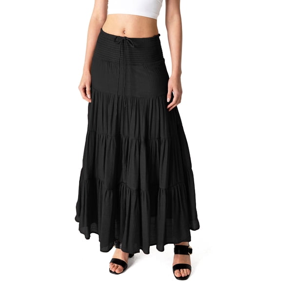 HYFVE_HF22F060_BK_S HYFVE Women's Juniors Smocked Waist Broomstick Boho Skirt (Black, Small)